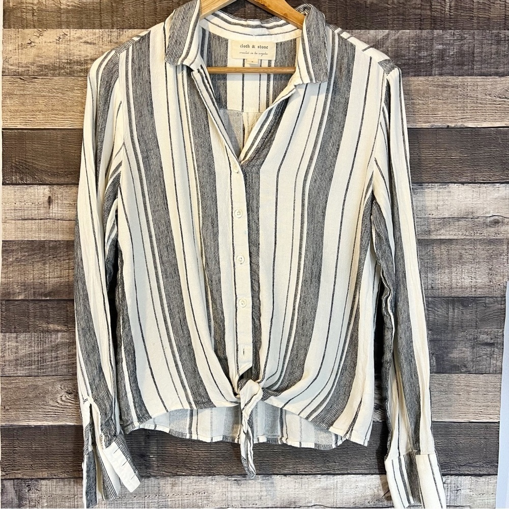 Cloth & Stone Tie Front‎ Striped Button Down Linen Blend Long Sleeve Shirt Boho